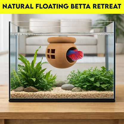Floating Cozy Betta House, Natural Floating Betta Hide Out, Aquarium Fish Hammock, Relaxing & Stress Relief, Suction Cup Included, 2.9" W x 2.6" H (Natural Brown)