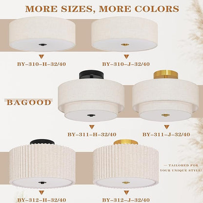 2 Light Semi Flush Mount Ceiling Light Fixture 12.6 Inch Modern Black Drum Ceiling Light Fixture with Pleated Fabric Shade Dimmable Close to Ceiling Light for Living Room Hallway Bedroom Entryway