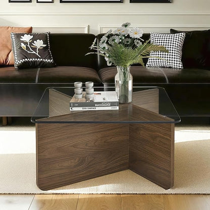 LKTART 31.5" Glass Coffee Table, MDF Mid-Century Modern Square Coffee Table with Tempered Glass Top, Square Center Tables for Small Space Living Room Office Apartment, Walnut
