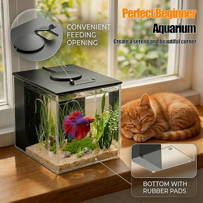 Vehipa Betta Fish Tank 1 Gal (3.7L), Acrylic Nano Aquarium Kit with Water Filter Pump & LED Light, Ideal for Small Fish, Shrimp and Plants, Black