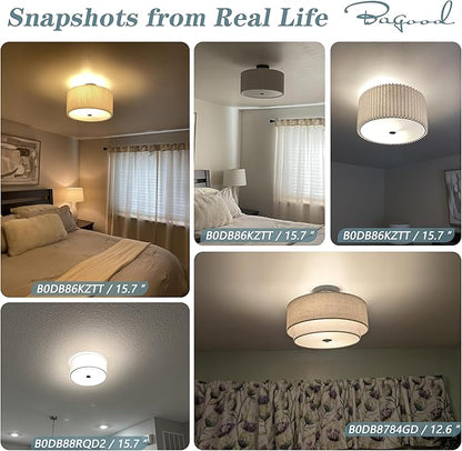 2 Light Semi Flush Mount Ceiling Light Fixture 12.6 Inch Modern Black Drum Ceiling Light Fixture with Pleated Fabric Shade Dimmable Close to Ceiling Light for Living Room Hallway Bedroom Entryway
