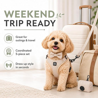 EVERKING 5-Piece Dog Travel Set, Adjustable Harness, Leash, Collar, Poop Bags, Bowtie for Small Medium Dogs, Beige, Breathable No-Pull Design (Beige, S)