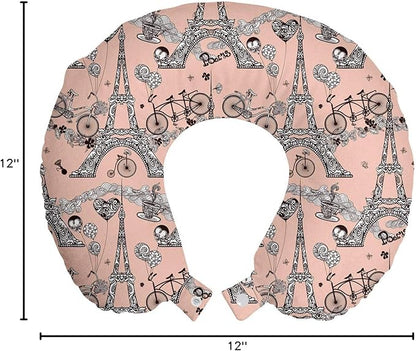 Ambesonne Eiffel Travel Pillow Neck Rest, Retro Bicycles Coffee Heart Balloons French Landmark Swirls, Memory Foam Traveling Accessory for Airplane and Car, 12", Salmon White