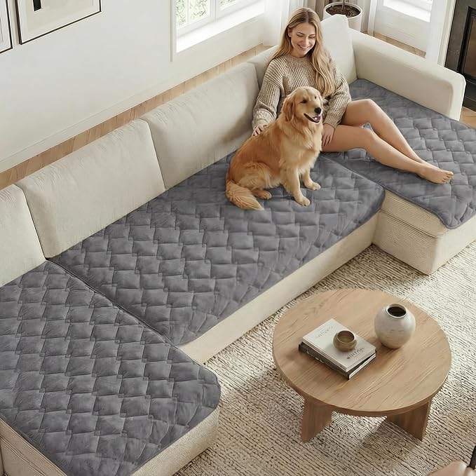 H.VERSAILTEX Chenille Couch Cover for Dogs Washable Soft Fuzzy Chaise Cover Sectional Couch Covers for L Shaped Sofa Both Left/Right Thick Pet Couch Cover Protector Non-Slip(Light Grey, 34" x 68")