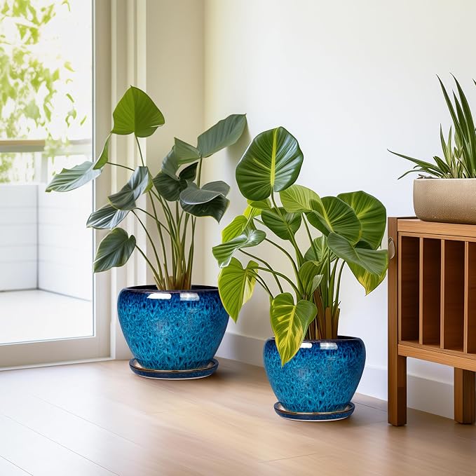 Ceramic Plant Pots Indoor, 10 Inch 8 Inch 6 Inch Round Planters Pots for Indoor Outdoor Plants, Modern Large Flower Pots with Drainage Holes and Saucers, Set of 3, Blue