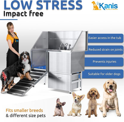 KANIS Professional Dog Washing Station - 304 Stainless Steel Pet Wash Sink & Grooming Bath Tub for Home with Ramp, Shower, Floor Grate, Storage Drawer, Faucet, Drain Kit for Large, Medium & Small Pets