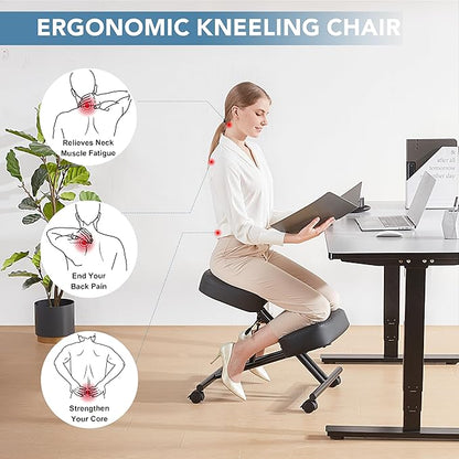 SOMEET Ergonomic Kneeling Chair, Modern Style, Kneeling Office Chair, Black Pu Kneeing Chair, Metal Frame, Foam Seat, 250 lbs Weight Capacity, Adjustable Height, Lockable Casters