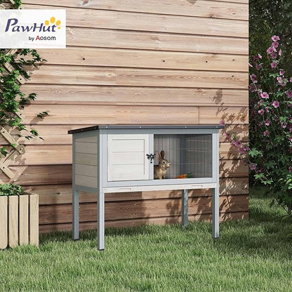 PawHut Elevated Wooden Rabbit Hutch, Indoor/Outdoor Bunny Cage with Hinged Asphalt Roof and Removable Tray for Guinea Pig, Light Gray