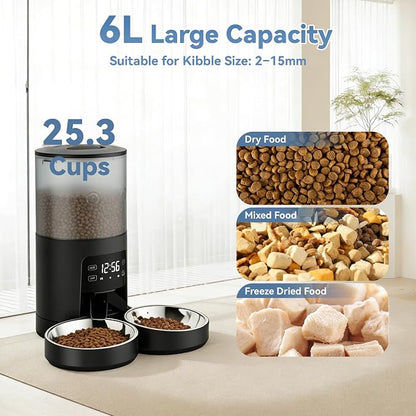 DUMOS 6L Automatic Cat Feeder for 2 Cats, Timed Pet Food Dispenser - Black | 2 Stainless Bowls, 10s Voice Call, Dual Power Supply, 6 Meals Per Day, 50 Portions Per Meal, Dual Pet Feeder for Cat and Dog