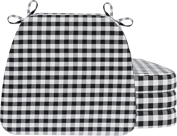 AAAAAcessories D-Shaped Chair Cushions, 2" Thick Dining Chair Pads with Ties and Removable, Machine-Washable Cover, 17" x 16", Set of 4, Checkered Black/White