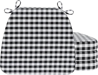 AAAAAcessories D-Shaped Chair Cushions, 2" Thick Dining Chair Pads with Ties and Removable, Machine-Washable Cover, 17" x 16", Set of 4, Checkered Black/White