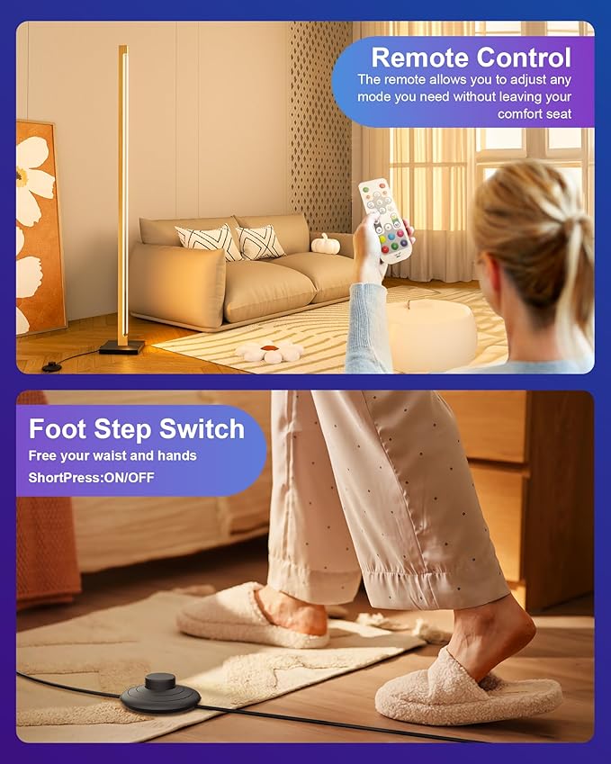 Gold Floor Lamp with Remote, Aluminum LED Corner Floor Lamp with Alexa, Smart Corner Lamp with DIY Music Sync and 16 Million Colors, 3000K and RGB CCT Standing Lamp for Bedroom Living Room