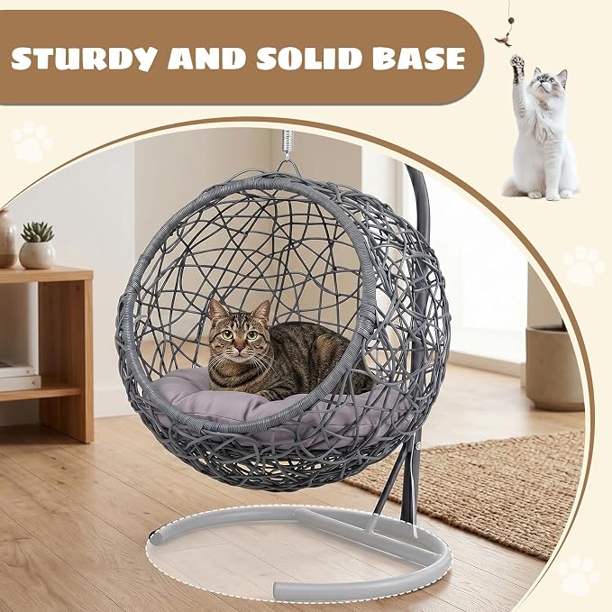 Hanging Cat Swing Bed with Stand, Rattan Egg Chair for Cats | Rattan Egg Chair Design, Soft Cushion, Stable Stand, Cozy Swinging Resting Spot For Cats And Small Dogs