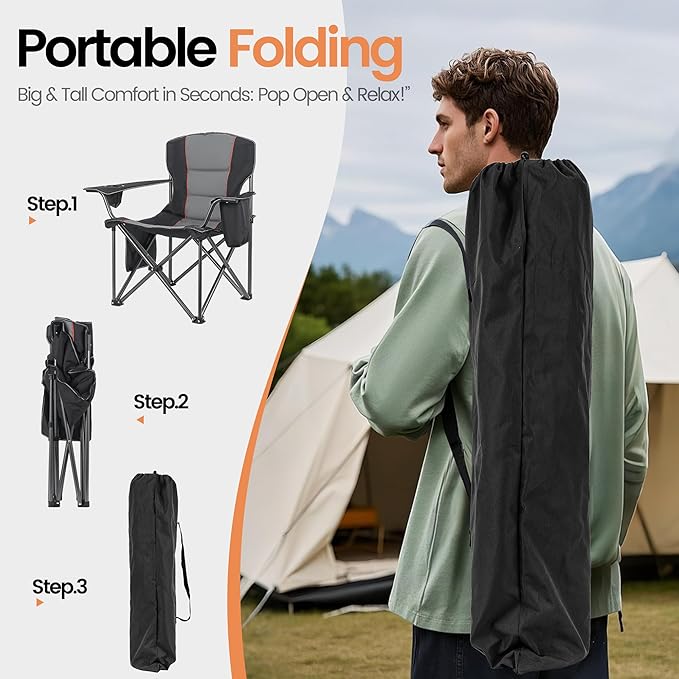 WEIDIORME 2 Pack Heavy Duty Oversized Camping Chair for Adults 400lbs w/Lumbar Support - Folding Chairs with Side Pocket, Cup Holder & Cooler Bag for Beach, Fishing, Lawn, Backyard Black