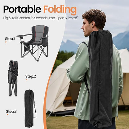 WEIDIORME 2 Pack Heavy Duty Oversized Camping Chair for Adults 400lbs w/Lumbar Support - Folding Chairs with Side Pocket, Cup Holder & Cooler Bag for Beach, Fishing, Lawn, Backyard Black