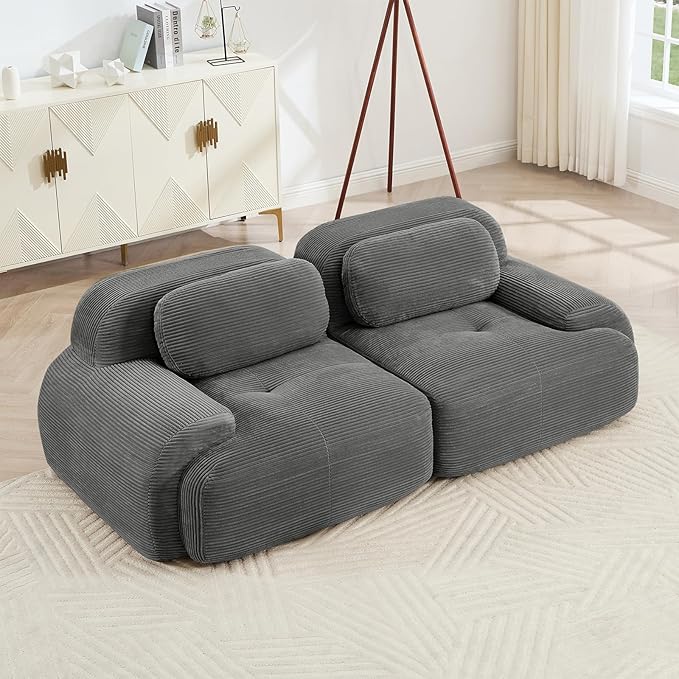 80" Modern Corduroy Boneless Love Seat Couches, 2 Seater Large Sectional Couches for Living Room, Gray Cloud Modular Sectional Sofa, Memory Foam, Extra Deep Loveseat, No Assembly