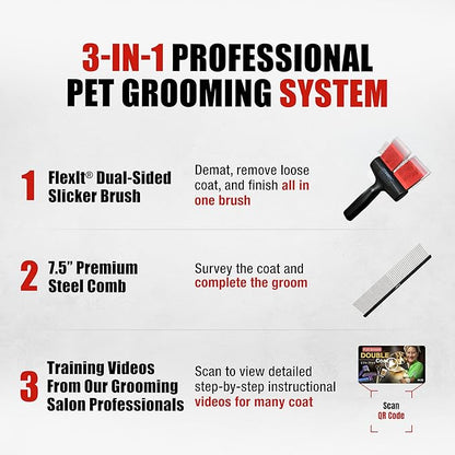 FlexIt Home - Flexible Slicker Brush for Dogs (Double, Firm Flex) | Dog Grooming Brush for Poodles, Golden Doodles, Huskies, Retrievers, and Labradoodles | 3-in-1 System & Video Trainings