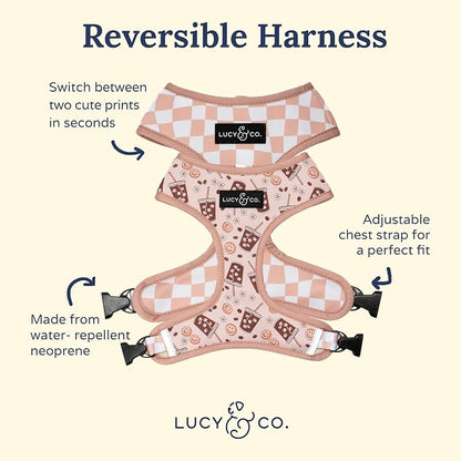 Lucy & Co. Reversible Dog Harness - Water-Repellent Neoprene, Dual-Print Design, Easy Swap Style, Adjustable Comfort Fit - Iced Coffee SZN Reversible Harness - Small