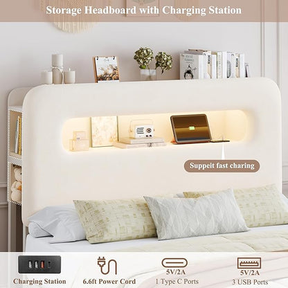 HOSTACK Full LED Bed Frame with Storage Headboard and Charging Station, Kids Bed Frame with 4 Drawers and USB Ports, Velvet Upholstered Platform Bed Frame with Bookcase, No Box Spring Needed, Cream