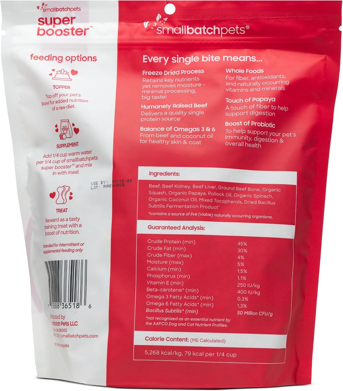 Smallbatch Freeze Dried Dog Treats, Superfood Food Topper Beef Bites for Dogs & Cats, Probiotics, Organic Ingredients, High Protein, Grain Free Healthy Treat Food Topper, Made in The USA, 18 oz Bag