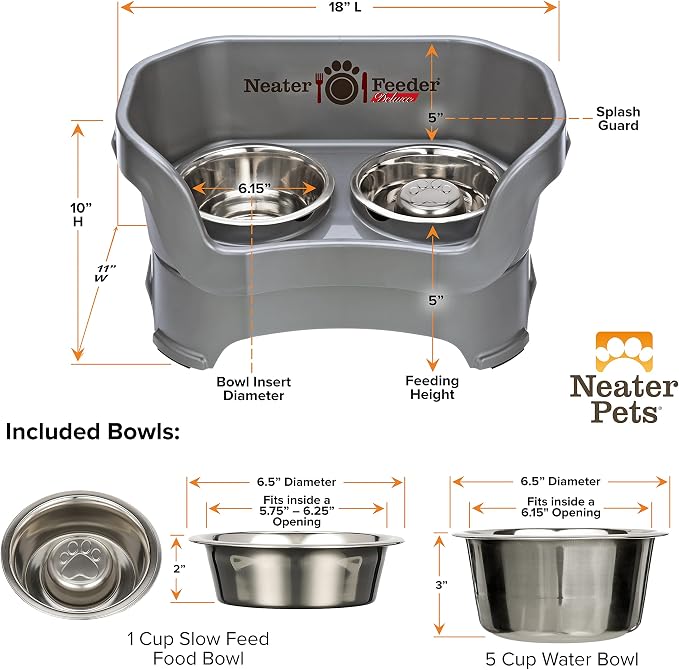 Neater Feeder Deluxe Mess Proof Dog Bowls Elevated for Medium Sized Breeds – Made in USA – No Spill Raised Slow Feeder Elevated Dog Bowl Stand, Stainless Steel Food and Water Bowl Set, Grey