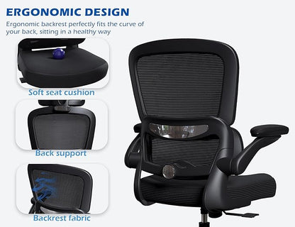 TRALT Ergonomic Office Chair - Desk Chair with Adjustable Lumbar Support Computer Chair - Mesh Comfy Chair with Flip-up Armrests - Gaming Chairs for Adults Home Office (Leather, Black)
