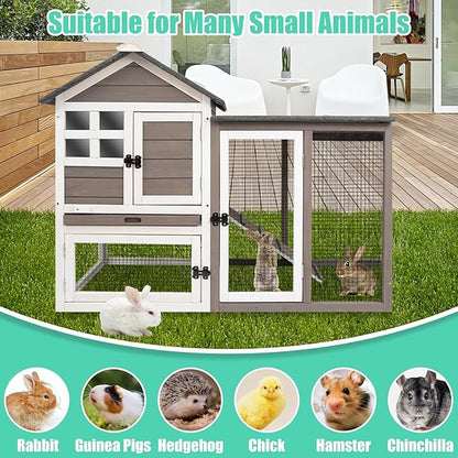 Gowoodhut 48" L Rabbit Hutch Indoor Outdoor Rabbit Cage with Run, Pull Out Tray, Asphalt Roof Large 2 Story Bunny Hutch Wooden Chicken Coop Guinea Pigs Pet House Cage for Small Animals(Grey)