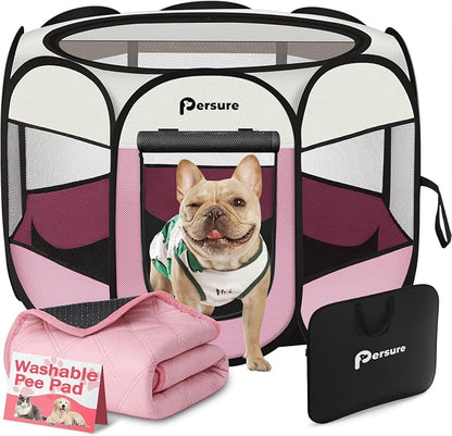Persure Dog Cat Pet Playpen Puppy Crate Cage for Indoor Outdoor Travel | Nursing Rest Zone Recovering Pet Quarantine Room Portable Pop Up Easy to Set up lightweight Carrying Bag(Pink with Pad,Small)