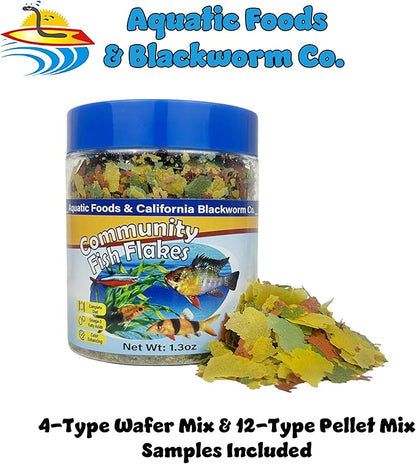 Aquatic Foods Inc. Community & Tropical Fish Flakes, for Angel Fish, Guppies, Live Bearers, Loaches, Gouramis, Catfish, Cichlids, 12-Type Pellet Mix & 4-Type Wafer Mix Included...1.30oz Canister