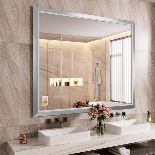 Amorho Bathroom Mirror, 48x40 Inch Silver Thick Metal Framed Wall Mirrors