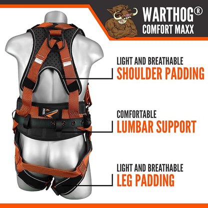 Warthog Comfort MAXX - Safety Harness for Construction – Fall Protection Equipment with Removable Belt and Lumbar Support, Side D-Rings, and Padding, OSHA & ANSI Compliant (S-M)