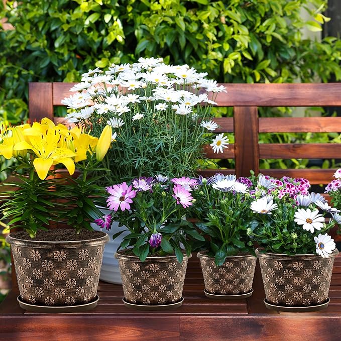 8 Inch Planter Pots for Plants, Plastic Flower Pots Indoor Outdoor, 5 Pack Resin Plant Pot with Drainage & Saucer, Retro Decorative Garden Pot with Removable Trays for House