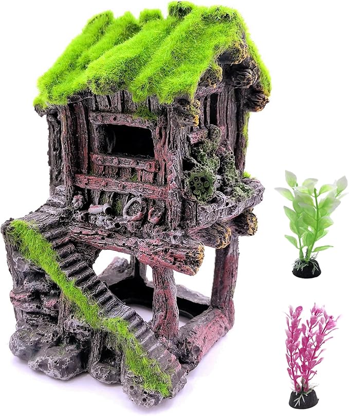 M2cbridge Aquarium Decorations Fish Hideout House Betta Cave with Green Lifelike Moss (Style 4)