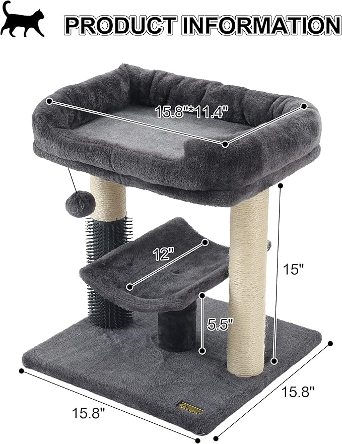 Hoopet 20-Inch Cat Tree Tower, Small Cat Scratching Post for Indoor Cats and Kittens, Sisal Cat Scratcher with Plush Bed Perch, Self Groomer and Hanging Toy Ball, Smoky Grey