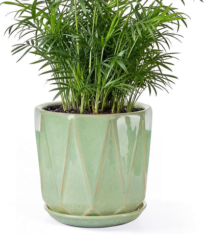 7.8 Inch Ceramic Plant Pot with Drainage Hole Mesh Net, Large Flower Pots for Indoor Plants with Saucer, Gardening Pots Outdoor (Crackle-Green)
