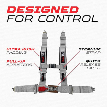 1pc 50 Cal Silver 4 Point Harness 3" straps, Racing Harness Seat Belt | Ultra Kush padding, Push Button quick release hardware. Universal Fit for UTV, RZR, race car