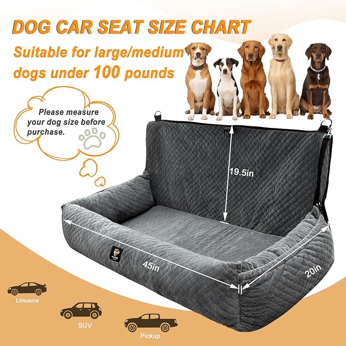 Dog Car Seat for Medium/Large Dogs Under 100 Lbs,Multi-Functional Dog Car Bed Washable Pet Travel Safety with Thick Cushion, Soft Safe Removable,for All Cars Back Seat（Grey）