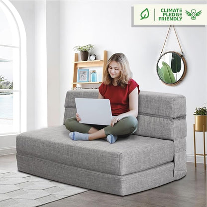 ANONER 60" Folding Sleeper Chair Sofa Bed Lazy Couch with 2 Pillows, Queen Size Memory Foam Washable Cover, Light Gray