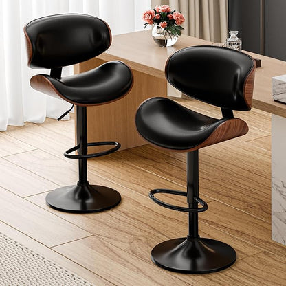 Aowos Bar Stools Set of 4, Adjustable Swivel Bar Stools Mid-Century Modern PU Leather Counter Height Bar Stool for Kitchen Island Bar Chairs with Back (Black)