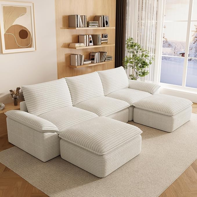 111" Cloud Sectional Couch with U-Shaped Chaise, Corduroy Sectional Sofa with Ottoman, Boneless Couch with Deep Seat in a Box for Living Room, No Assembly Required (White)