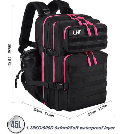 LHI Military Tactical Backpack for Men and Women 45L Army 3 Days Assault Pack Bag Large Rucksack with Molle System - Black with red zipper