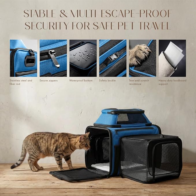 Top-Side Expandable Pet Carrier, Treat Window,17x11x9.5 Airline Approved | for Alaska Hawaiian, Soft-Sided Cat Carrier, Anti-Scratch Mesh, Lockable Zippers,Dog Carrier for Kitten,Rabbit,Puppy, Blue