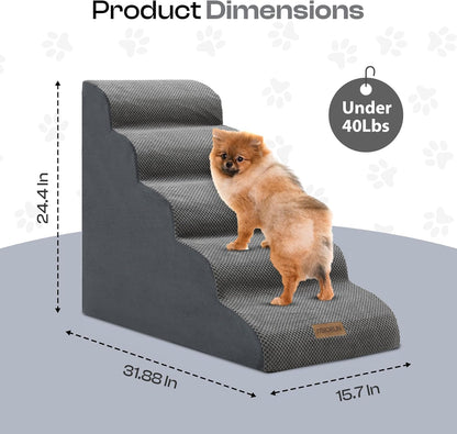 Dog Stairs for High Beds Up to 30", Extra-Tall 24.5" 5-Step Foam Pet Ramp with Washable Cover, Gentle Slope Steps, Bed & Couch Ladder for Small Medium Dogs & Senior Cat, Puppy Climbing Stairs