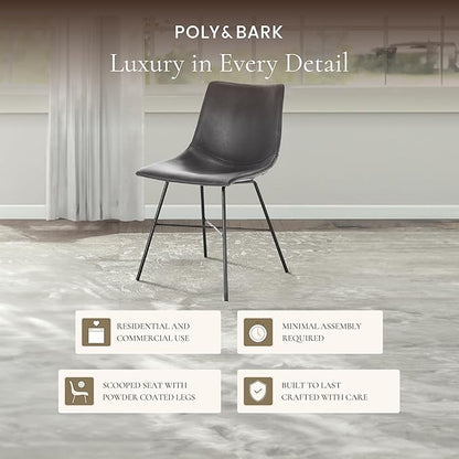 POLY & BARK Paxton Leather Dining Chairs – Set of 2 Modern Dining Room Chairs with Low Back – Faux Leather Upholstery and Matte Black Steel Base – Comfortable Seating for Stylish Interiors – Grey