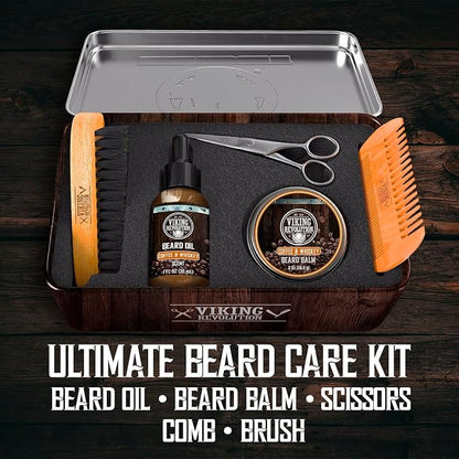 Viking Revolution Ultimate Beard Kit - Coffee Whiskey, 5 Pcs with Metal Box | Richly Scented Coffee Whiskey Products - Includes Beard Brush, Beard Comb, Beard Balm, Beard Oil and Moustache Scissors
