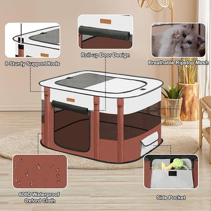 Dog Playpen - Foldable Cat Play Pens for Pubby, Kitten, Rabbit, Portable Pet Tent with Carring Bag for Indoor/Outdoor Travel Camping (Brown-Medium)