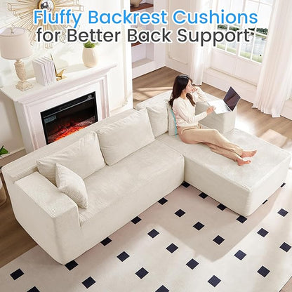 PUREMIND 106" White Cloud Sectional Couch Sectional Couches for Living Room, Corduroy L Shape Sofa with Deep Seat, Modular Boneless Foam Couch Corner Couches No Assembly Required