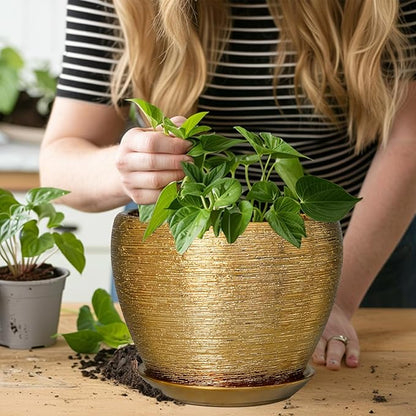 Ceramicfor Ceramic Plant Pot 8 Inch - Planter for Outdoor Plants Indoor Plant Pot with Drainage Hole and Saucer Decorative Round Planter Modern Flower Pot for House Decor Gold