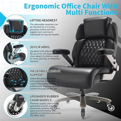 Big and Tall Office Chair 700lbs - Adjustable Headrest&Lumbar Support, 3D Flip Arms, Large Wheels &Heavy Duty Metal Base, Ergonomic High Back Computer Chair Desk Chair, Thick Padded Extra Wide Seat