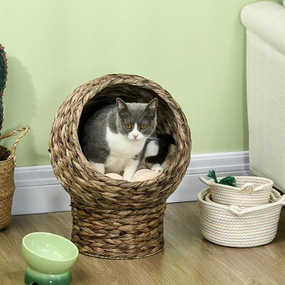 PawHut Handwoven Elevated Cat Bed for Indoor Cats 20" H Gray | Soft Cushion & Egg Chair Shape, Basket Bed Kitty House with Stand, Raised Wicker House